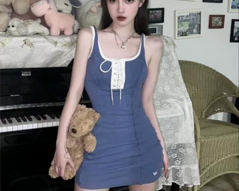 Jfairy钓系女友 辣妹雾霾蓝色抽绳弹力...