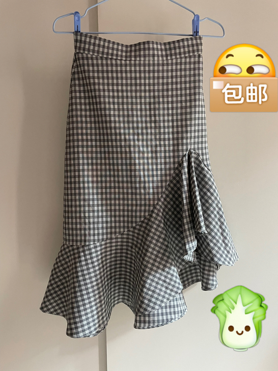 全新格子鱼尾裙女韩版荷叶边高腰中长款不规则...
