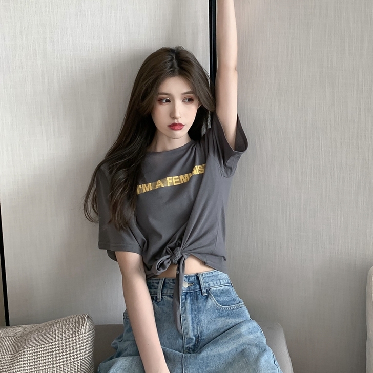 夏天配阔腿裤上衣简约港风趣味印花设计感绑带...