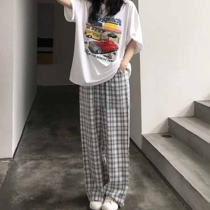 拖地垂感格子裤女男宽松夏款春秋高腰直筒休闲...
