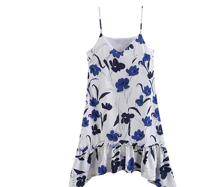 UR蓝白印花不对称荷叶边吊带连衣裙 S码 ...