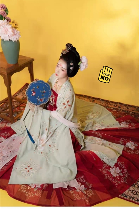 唐风诃子裙汉服  红色诃子裙 浅绿色外披 ...