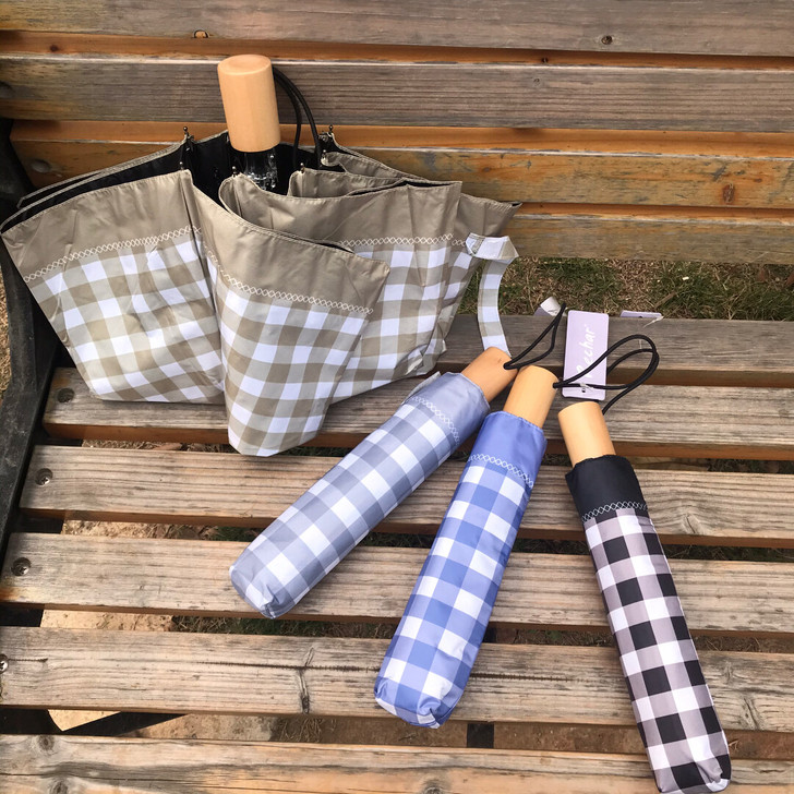 厂家处理 日系小清新木柄格子三折手动黑胶文...