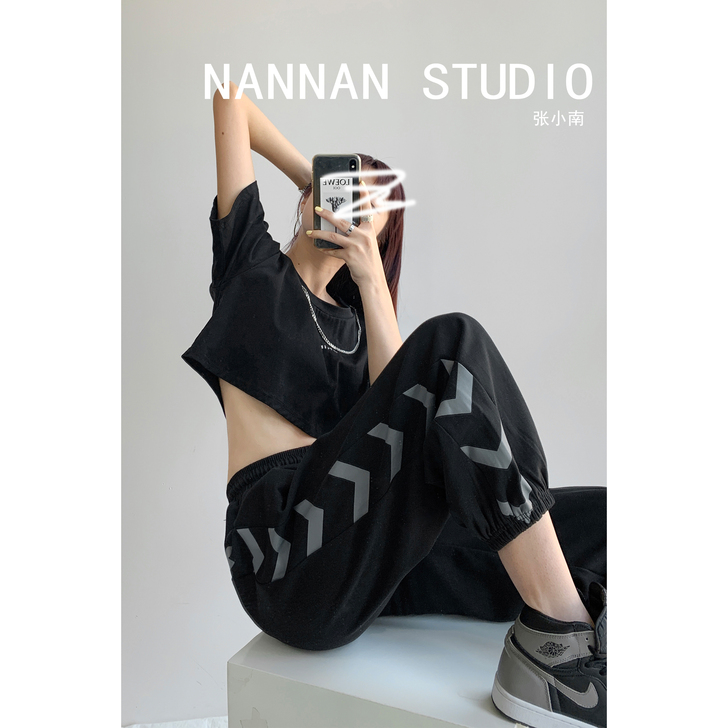 泫雅同款帅气箭头印花运动裤女灰色宽松束脚休...