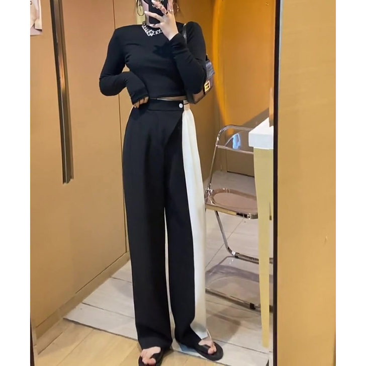 2021春款黑白撞色高腰直筒阔腿垂感西装裤...