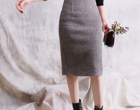 冬新款千鸟格双面呢包臀中裙 高腰显瘦下摆开...