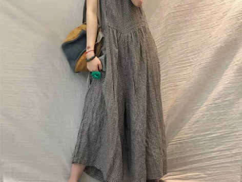 宽松大码格子棉麻连体裤2021年春季阔腿名...