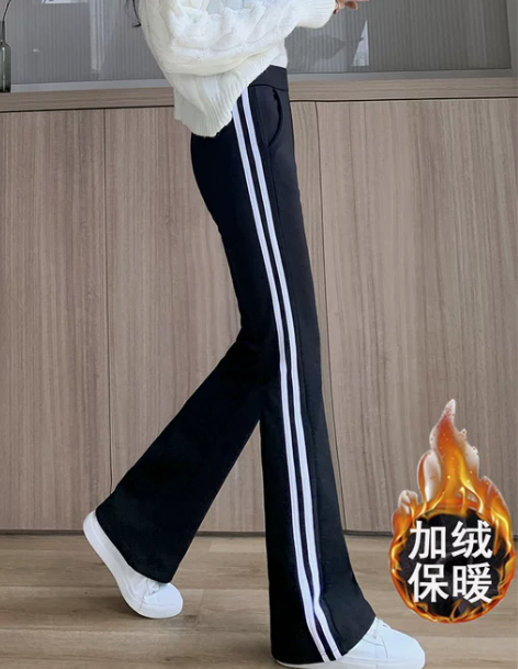 休闲裤女两杠条纹微喇叭裤秋冬加绒显瘦阔腿裤...