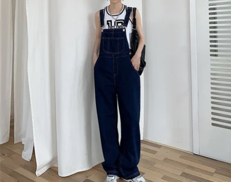 设计师牛仔裤女减龄裤子加长工装裤背带裤宽松...