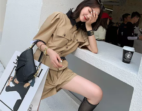 撞色领工装连体裤女夏季新款韩版高腰显瘦连体...