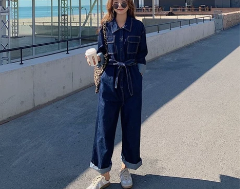 2022新款韩版秋季宽松休闲长袖牛仔连体裤...