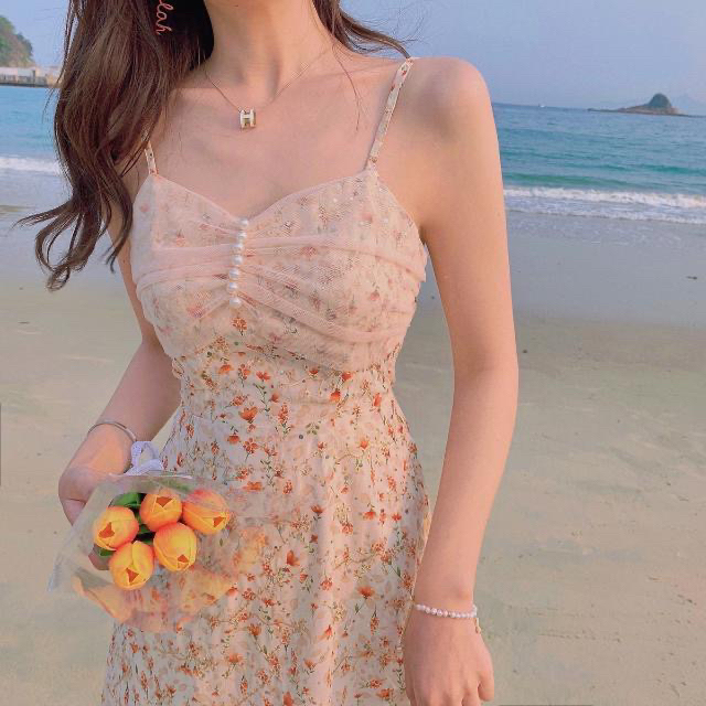莫奈少女法式甜美连衣裙长裙2021新款裙子...