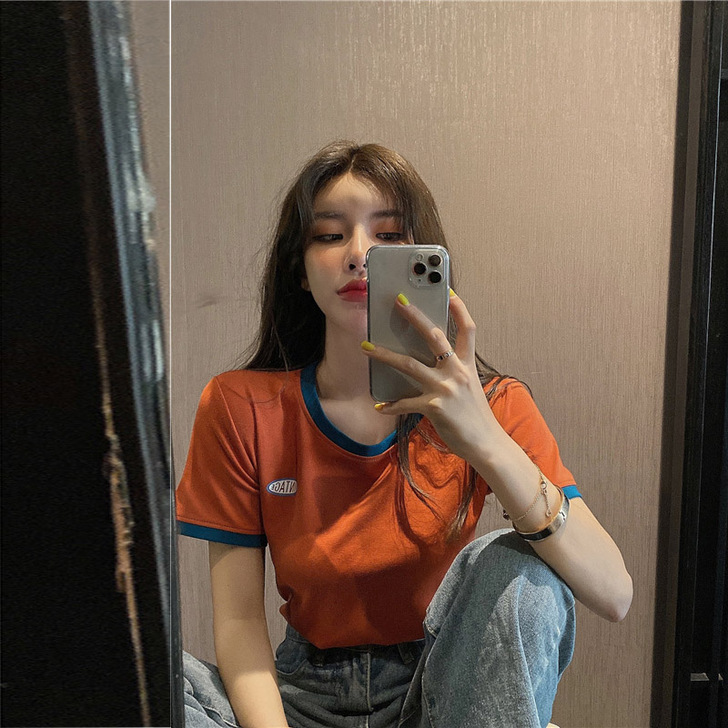辣妹欧美短袖正肩撞色T恤女设计感小众炸街橙...