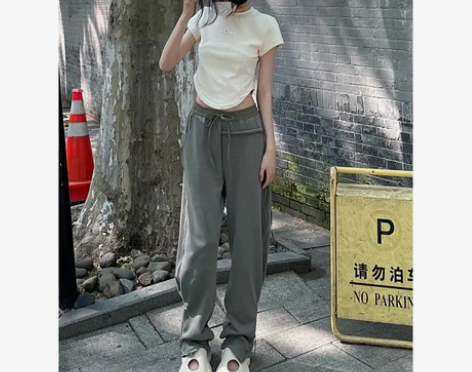 美式深灰色运动休闲裤女2022拖地直筒裤子...