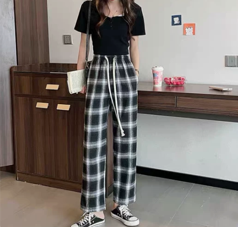 黑白格子裤子女夏季薄款高腰宽松直筒垂感休闲...