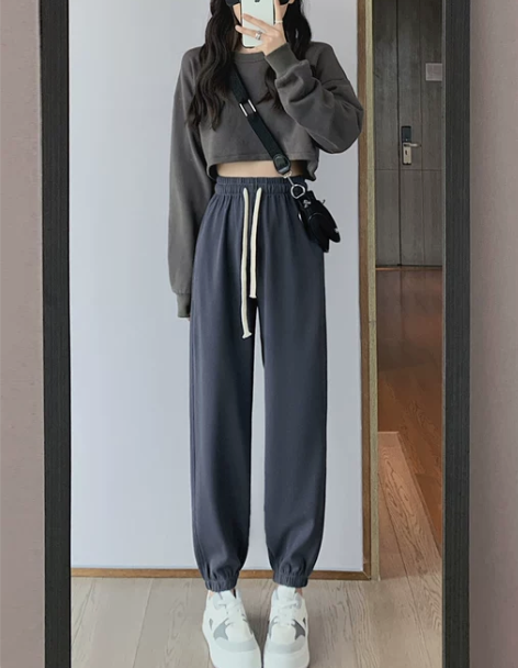 椰灰色运动裤女春秋款宽松束脚裤子2022新...