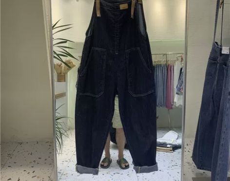 背带牛仔裤 高腰牛仔背带裤深蓝色大码女欧货...