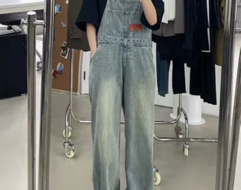 背带牛仔裤 复古牛仔背带裤网红美式做旧女春...