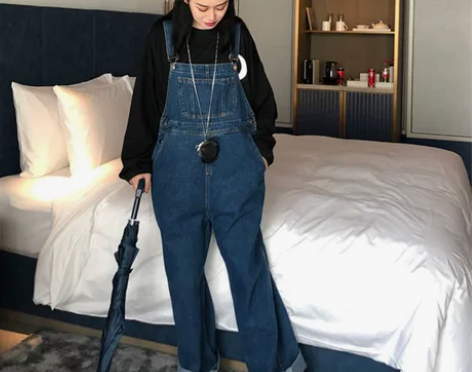 阔腿高腰牛仔裤女韩版宽松垂感显瘦显高背带裤...