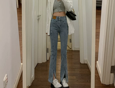 喇叭牛仔裤 牛仔裤喇叭裤高腰开叉女春秋季弹...