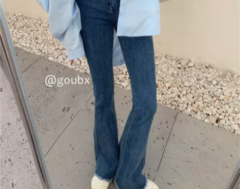 2022夏季新款复古港风高腰显瘦微喇叭牛仔...