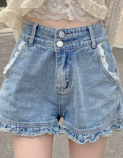 牛仔短裤 牛仔短裤蓝色翻斗花园日记甜欲百搭...