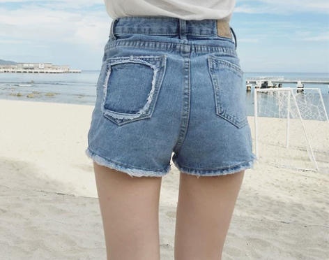 【GG】韩版高腰浅色牛仔短裤女夏学生毛边热...