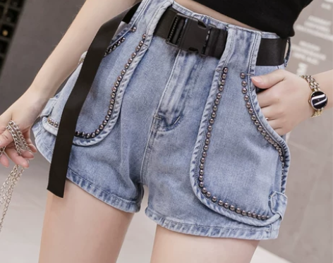 2021韩版新款个性铆钉口袋牛仔短裤女高腰...