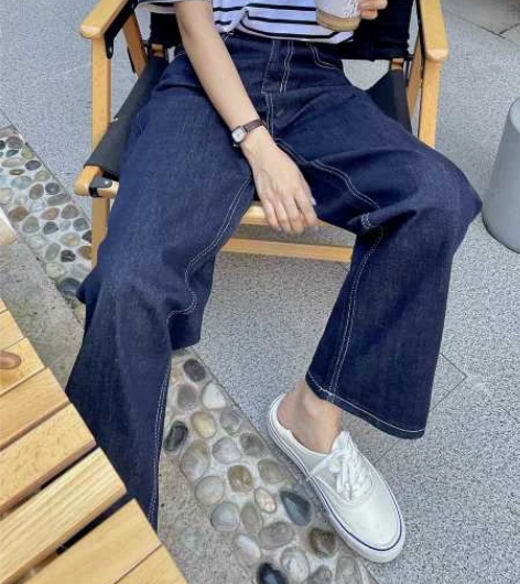 重磅回归！薄款！小个子深蓝色高腰牛仔裤女宽...