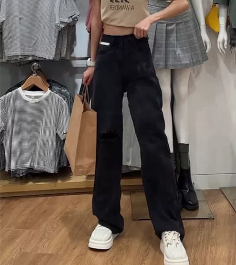 【博主拍照仅试穿】天丝破洞牛仔裤女高腰直筒...