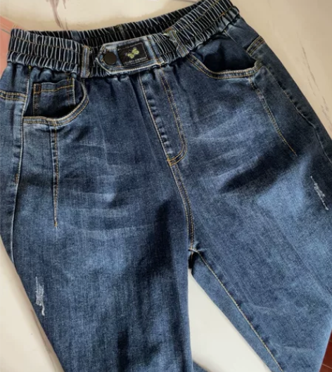 松紧牛仔裤女裤子春秋高腰直筒宽松长裤休闲老...