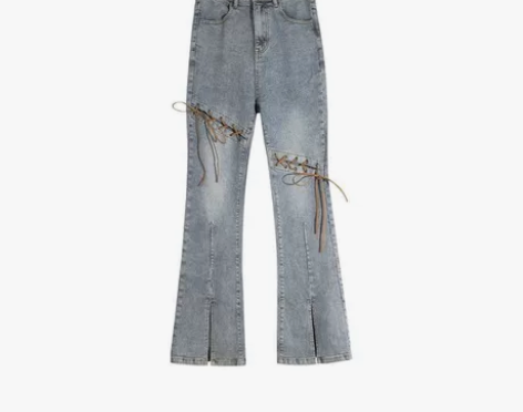 包邮出！辣味开叉微喇叭牛仔裤女大码高腰修身...