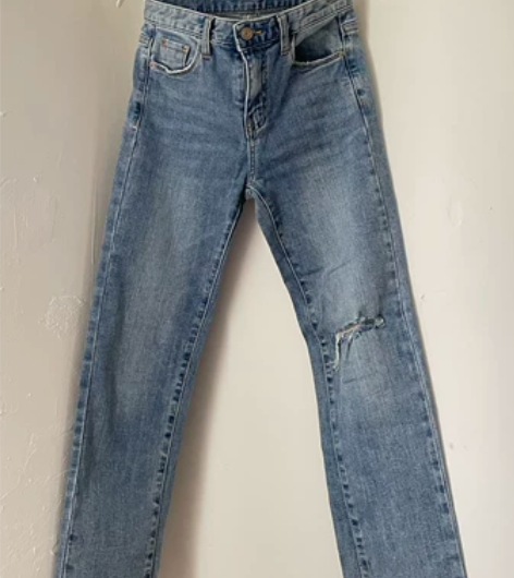 女装蓝色牛仔裤破洞高弹力紧身直筒春秋长裤 ...