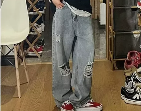 破洞牛仔裤 水洗破洞牛仔裤做旧美式高街男秋...