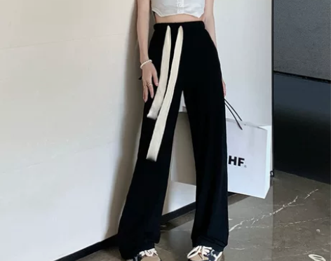 低价出售，黑色拖地休闲裤女  高腰直筒宽松...