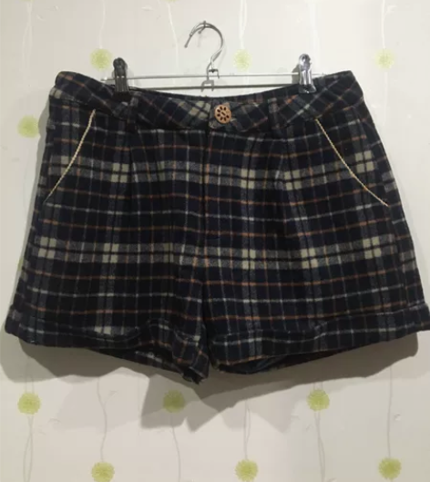 森宿女士毛呢短裤格纹显瘦冬款羊毛呢短裤女L...