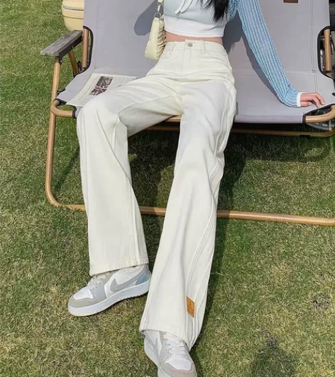 高腰直筒牛仔裤女2022年夏季新款显瘦米白...