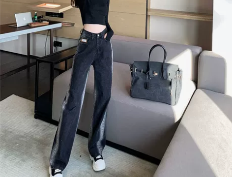 高腰设计感牛仔裤女2021春秋新款直筒宽松...