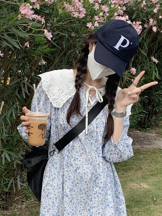 法式娃娃领碎花短袖连衣裙女夏季2021年新...