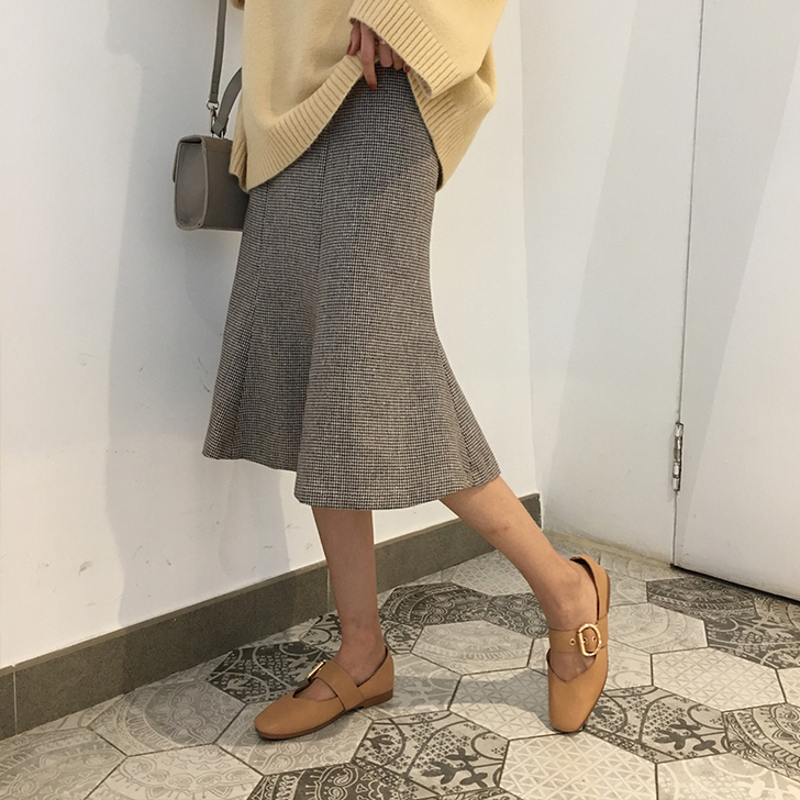 韩国甜美荷叶边半身裙秋季复古格子A字裙百#...