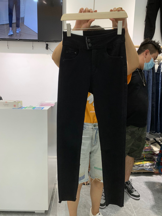 双扣超高腰个性腰头铅笔裤长裤黑色弹力小脚裤...
