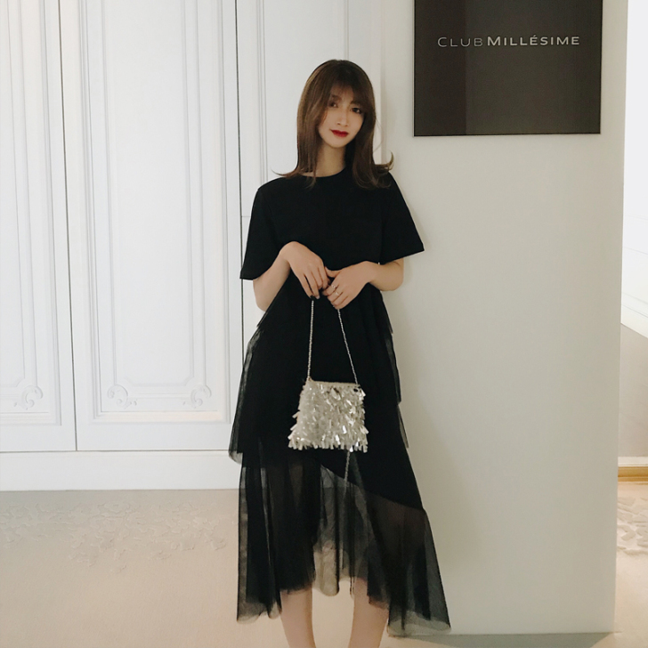 法国小众连衣裙女春秋网纱很仙的过膝法式复古...