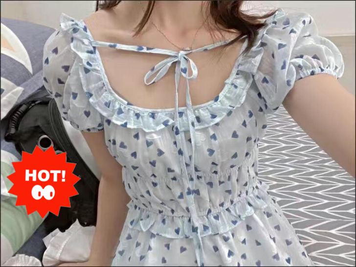 法式蓝色人鱼姬爱心碎花泡泡袖初恋感少女收腰...