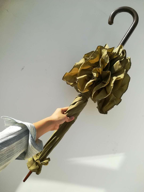 vintage古董伞橄榄绿荷叶边仿木柄华丽...