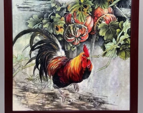 粉公鸡图瓷板画 长34厘米宽34厘米 工...