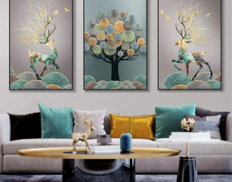 2021新款轻奢十字绣线绣客厅三联画发财麋...