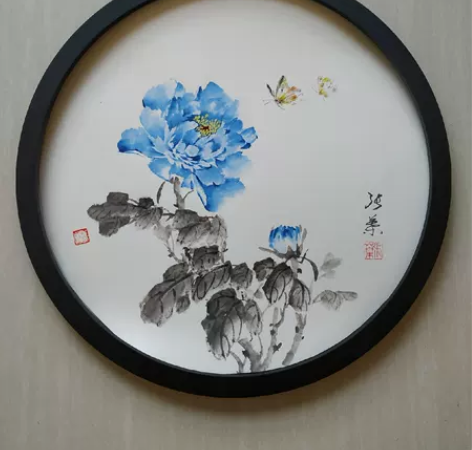 国画牡丹纯手绘已装裱成圆形框作品清新脱俗花...