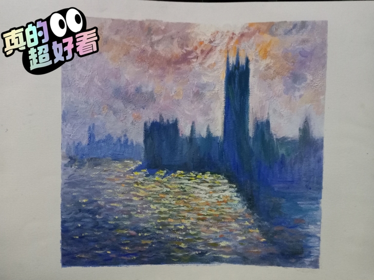水粉临摹莫奈风景画，两幅。北服学生作品，可...