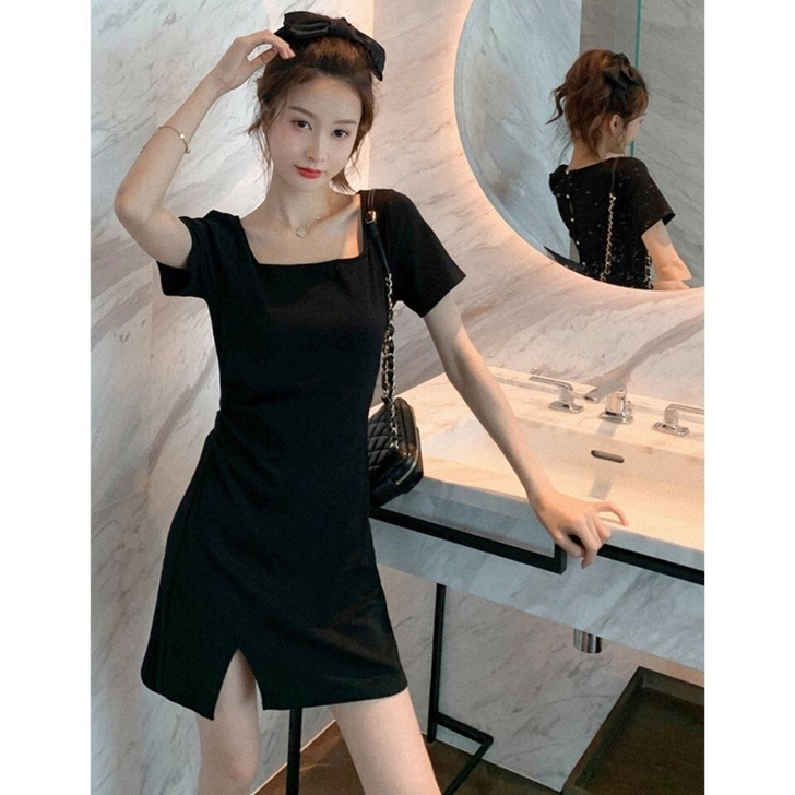 2021年夏季新款法式方领连衣裙女性感修身...