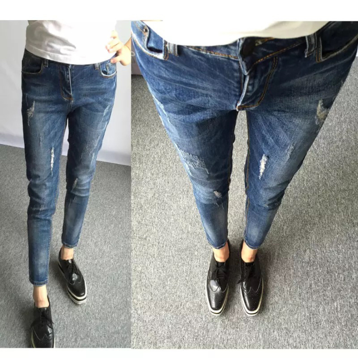 牛仔裤女休闲韩版小脚九分牛仔裤休闲裤女 显...